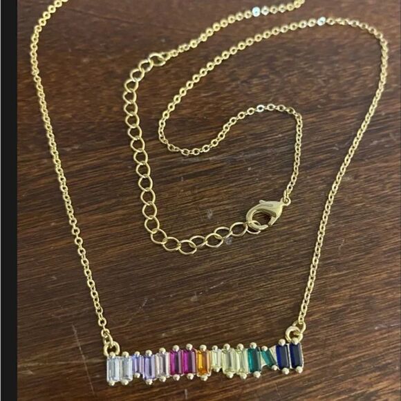 NWT - Colorful Cubic Zirconia Baguette Bar Silver Plated Necklace - 18” - Picture 2 of 7